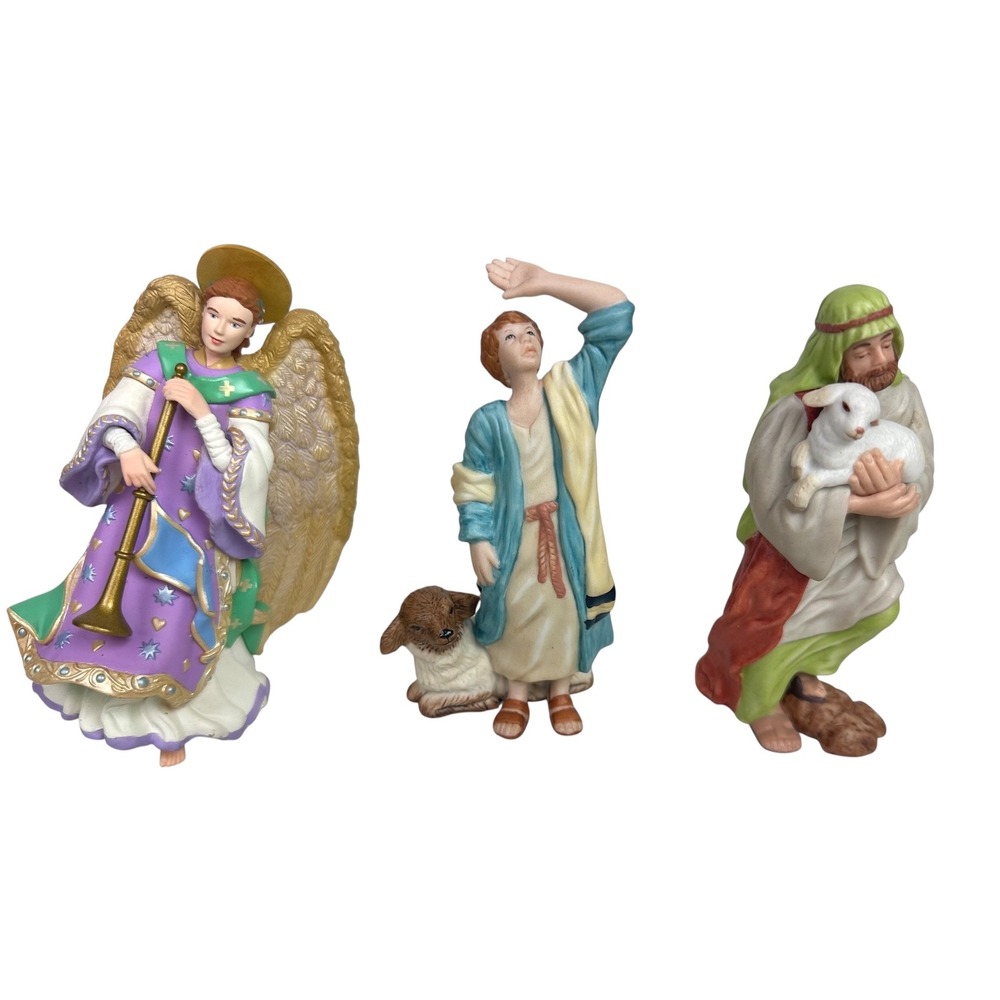 Hallmark Nativity 2000 Angel with Trumpet and Shepherds Figurine Set of 3